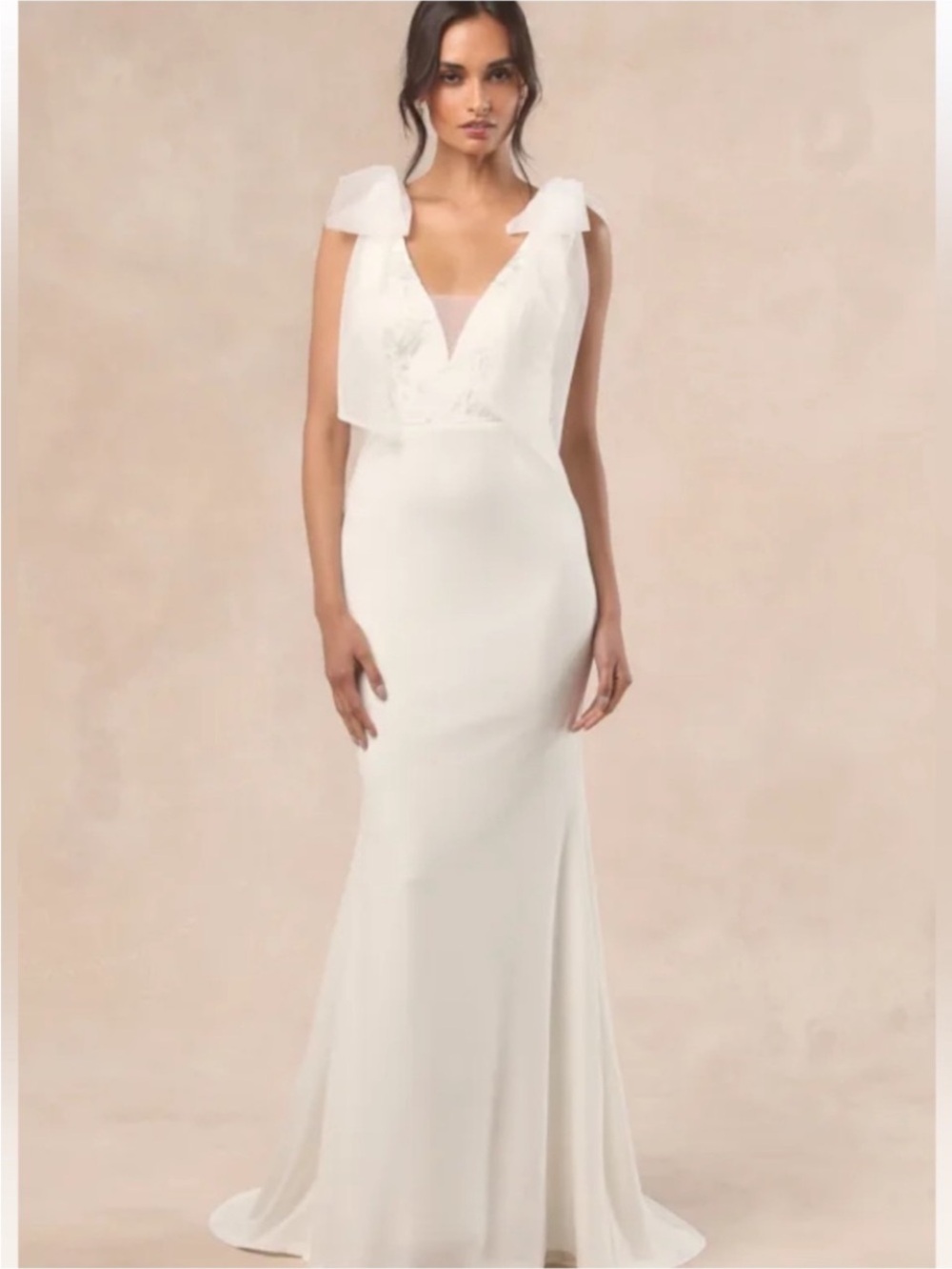 New Lulu's Ivory Desiree White Horse V-Neck Tie-Shoulder Wedding Gown Sz Small